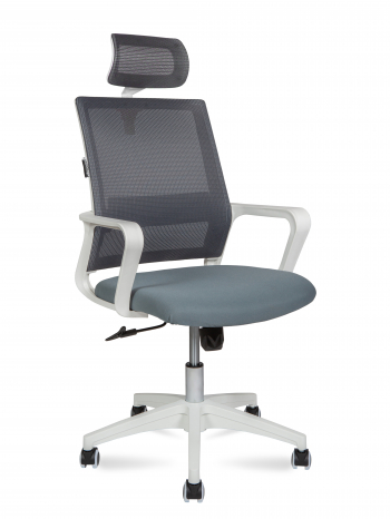Кресло офисное / Бит / белый пластик / серая сетка / темно серая ткань			