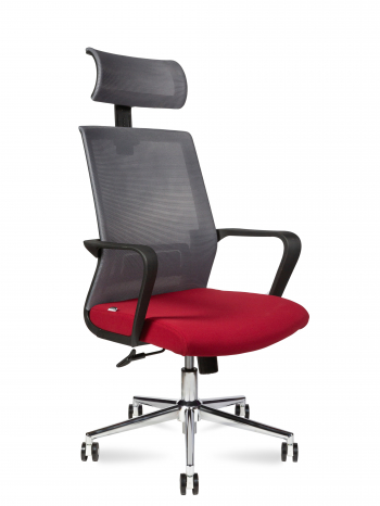 Кресло офисное / Интер / база хром / черный пластик / серая сетка / вишневая ткань			